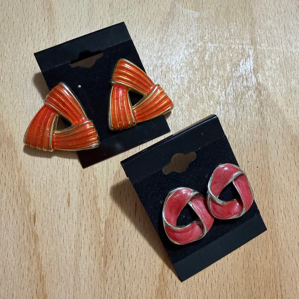 Vintage 1980s Enamel Pierced Earrings Orange Pink Gold Silver Tone 2 Pair